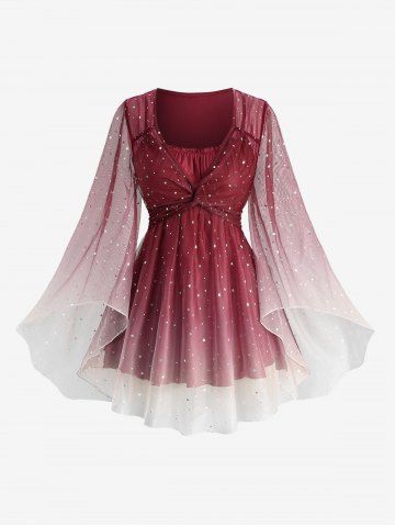 Plus Size Stars Silver Stamping Ombre Print Mesh Twist Ruffles Ruched Flare Sleeves Top - RED - 4X | US 26-28