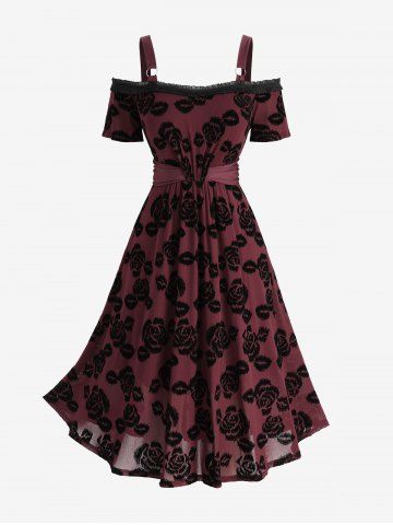 Plus Size Rose Flower Print Ruffles Lace Trim Ruched Cold Shoulder Tank Dress - DEEP RED - 3X | US 22-24