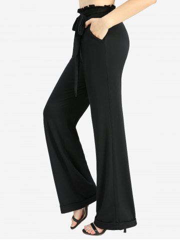 Solid Color Ruffles Waist Pocket Tie Belted Pants - BLACK - XXL