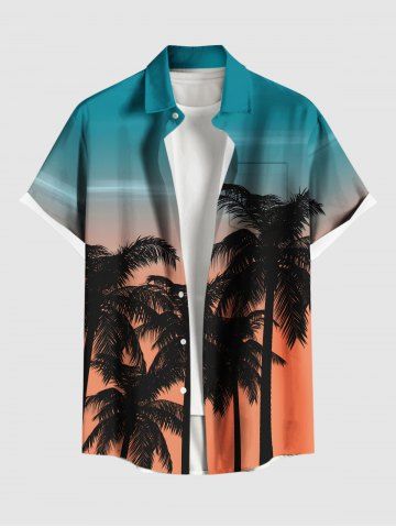 Plus Size Coconut Tree Ombre Sky Print Hawaii Button Pocket Shirt For Men - GREEN - 5XL