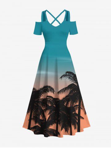 Robe longue grande taille à imprimé ciel ombré cocotier hawaïen, épaules dénudées et croisée trapèze - GREEN - 5X