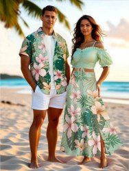 Flowers Tropical Leaf Print Plus Size Matching Hawaii Beach Outfit For Couples -  