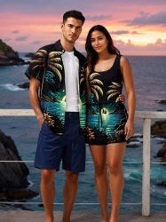 Ensemble chemise et barboteuse hawaïennes assorties, grande taille, tenue de plage, cocotier, soleil, bateau, paysage marin, imprimé pour couples - Noir 