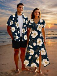 Flowers Leaf Print Plus Size Matching Hawaii Beach Outfit For Couples -  