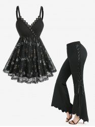 Floral Lace Sequins Overlay Surplice Top and Lace-up Scalloped Hem Solid Asymmetric Flare Pants Plus Size Outfit -  