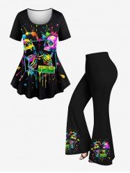 Colorful Skull Skeleton Heart Painting Splatter Print Women T-shirt and Flare Pants Plus Size Matching Set -  