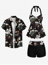 Maillot de bain grande taille à imprimé feuilles tropicales et fleurs d'hibiscus, tenue de plage hawaïenne assortie pour couples - Noir 
