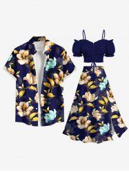 Ombre Flower Leaf Branch Print Plus Size Matching Hawaii Beach Outfit For Couples -  