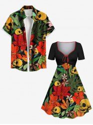 Tenue de plage hawaïenne assortie grande taille à imprimé feuilles tropicales, fleurs et crânes pour couples - Noir 