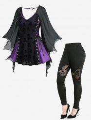Gothic Skulls Flocking Lace Up Flare Sleeve Top and Mesh Patchwork Skinny Leggings Plus Size Outfit -  