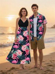 Tropical Leaf Hibiscus Flower Flamingo Print Plus Size Matching Hawaii Beach Outfit For Couples -  