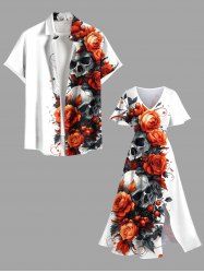 Halloween Skulls Rose Flowers Print Plus Size Matching Outfit For Couples -  