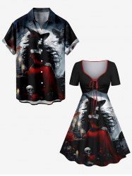 Halloween Wizard Skulls Candles Owl Moon Print Plus Size Matching Outfit For Couples -  