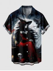 Chemise grande taille à boutons et poches pour homme, motif sorcière, crânes, bougies, hibou et lune - Noir S