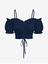 Haut caraco froncé à volants et épaules dénudées grande taille - Bleu Marine XS