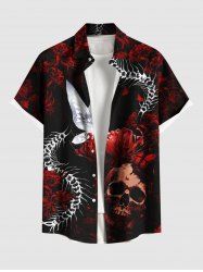 Chemise grande taille à boutons et poches pour homme, motif tête de mort, fleurs, papillons et mille-pattes - Noir S