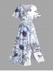 Robe mi-longue hawaïenne fendue à imprimé fleurs et feuilles grande taille - Blanc 6X