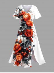 Robe mi-longue fendue grande taille à imprimé tête de mort et roses pour Halloween - Blanc L