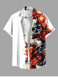Chemise grande taille à boutons et poches pour homme, motif tête de mort, roses et fleurs, pour Halloween - Blanc 5XL