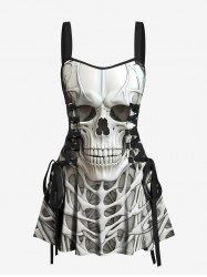 Halloween Skull Skeleton Print Lace Up Tank Dress -  