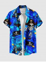 Chemise grande taille à boutons et poches pour homme, motif tête de mort, bateau pirate, gouvernail, croisière, Halloween - Bleu Ciel 3XL