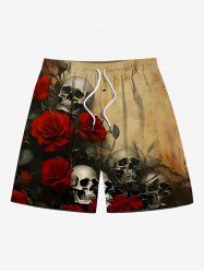 Plus Size Distressed Skull Rose Flower Print Halloween Drawstring Beach Shorts For Men -  
