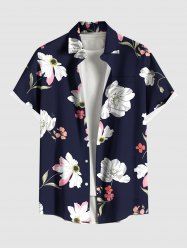 Plus Size Flower Leaf Print Hawaii Button Pocket Shirt For Men -  