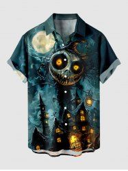 Plus Size Skull Monster Moon Galaxy Castle Print Halloween Button Pocket Shirt For Men -  