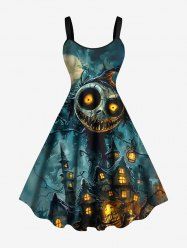 Robe trapèze grande taille à imprimé crâne, monstre, lune, galaxie, château, Halloween - Vert profond XXS