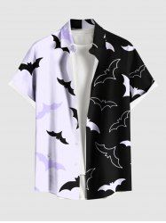 Plus Size Two Tone Bat Print Halloween Button Pocket Shirt For Men -  