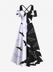 Plus Size Two Tone Bat Print Halloween Cold Shoulder Crisscross A Line Maxi Dress -  