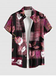Plus Size Line Braided Plaid Flower Print Hawaii Button Pocket Shirt For Men -  