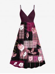 Plus Size Line Braided Plaid Flower Print Hawaii Surplice A Line Cami Dress -  