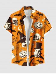 Plus Size Pumpkin Cat Skull Ghost Bat Wizard Spider Web Print Halloween Button Pocket Shirt For Men -  