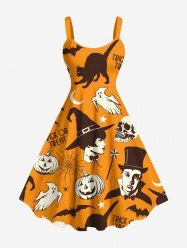 Plus Size Pumpkin Cat Skull Ghost Bat Wizard Spider Web Print Halloween A Line Tank Dress -  