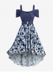 Plus Size Flowers Tie Dye Print Ruched Shell Buckle Cold Shoulder High Low Tank Dress -  