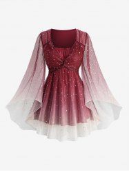 Plus Size Stars Silver Stamping Ombre Print Mesh Twist Ruffles Ruched Flare Sleeves Top -  