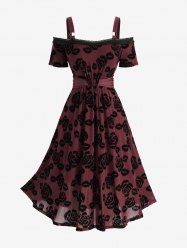 Plus Size Rose Flower Print Ruffles Lace Trim Ruched Cold Shoulder Tank Dress -  