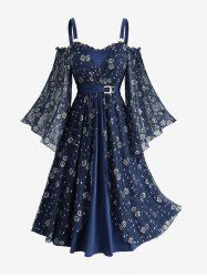 Plus Size Cold Shoulder Flare Sleeve Flower Lace Overlay Belted A Line Dress -  