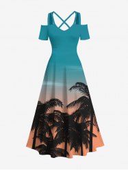 Robe longue grande taille à imprimé ciel ombré cocotier hawaïen, épaules dénudées et croisée trapèze - Vert 4X