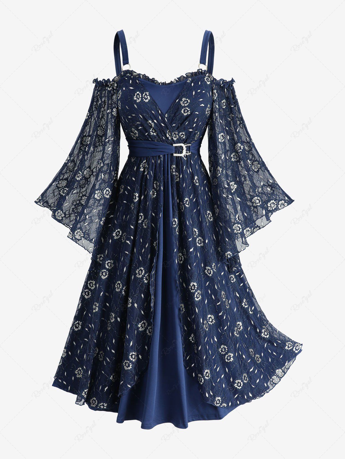 Unique Plus Size Cold Shoulder Flare Sleeve Flower Lace Overlay Belted A Line Dress  