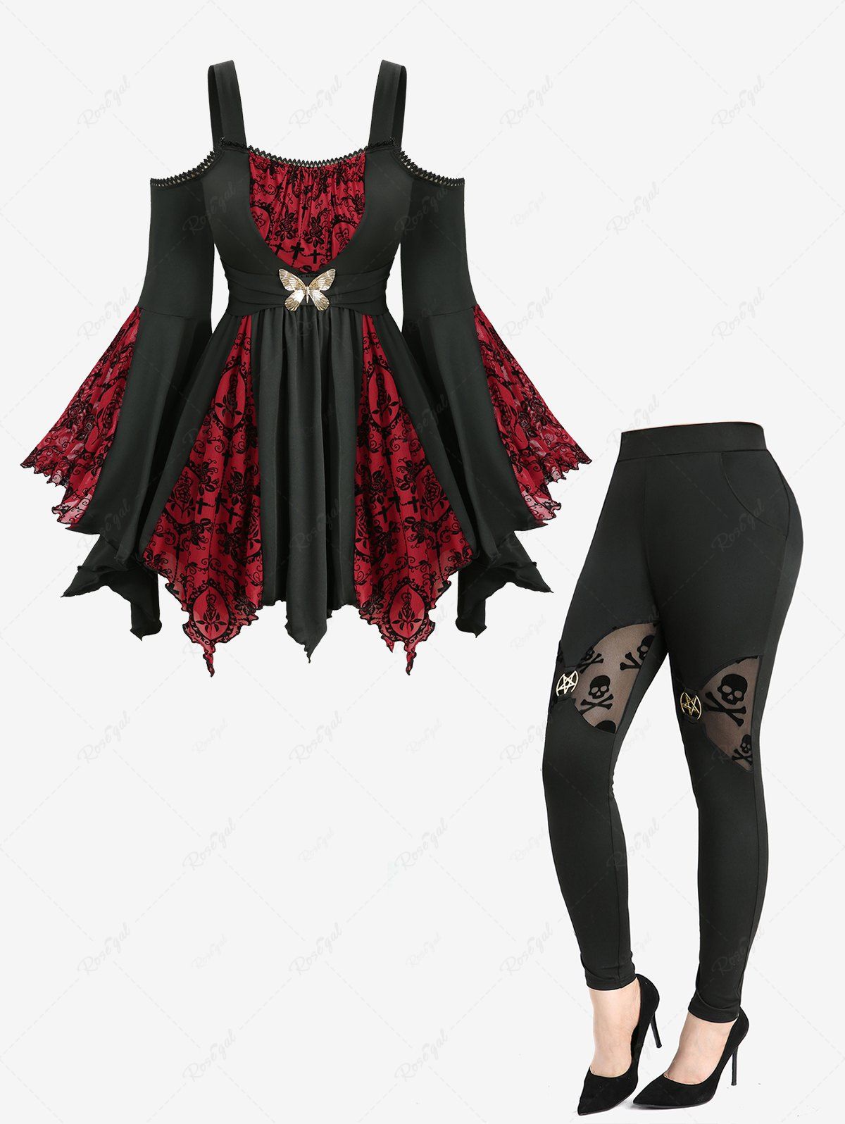 Tenue grande taille avec haut en maille floquée, manches évasées et épaules dénudées et leggings skinny à motif tête de mort Noir 