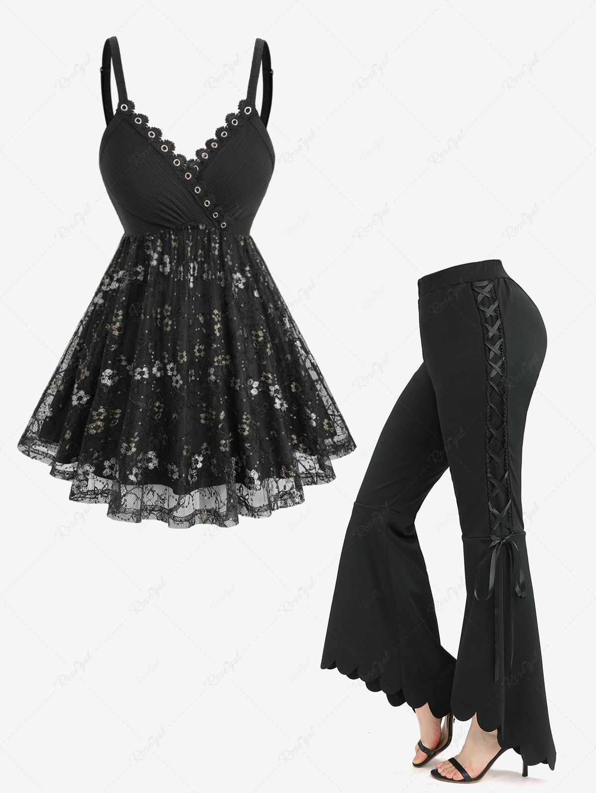 Cheap Floral Lace Sequins Overlay Surplice Top and Lace-up Scalloped Hem Solid Asymmetric Flare Pants Plus Size Outfit  