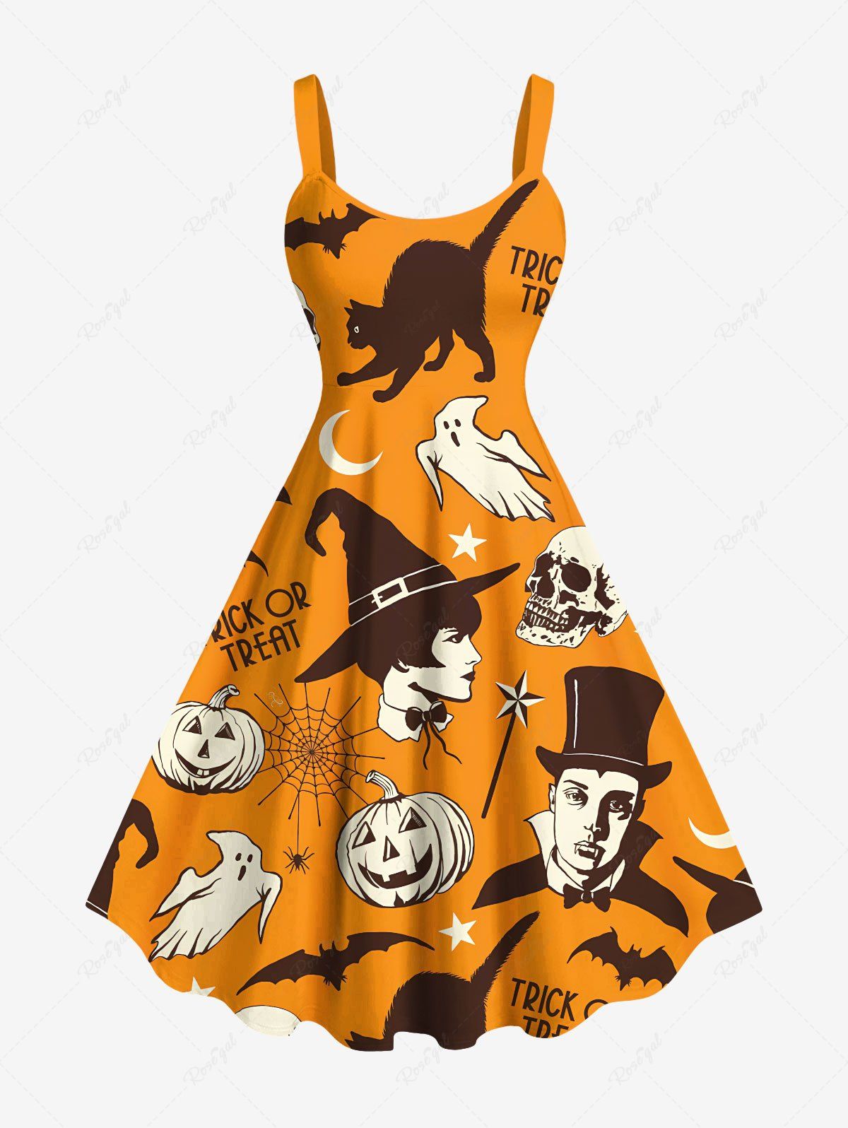 Fancy Plus Size Pumpkin Cat Skull Ghost Bat Wizard Spider Web Print Halloween A Line Tank Dress  