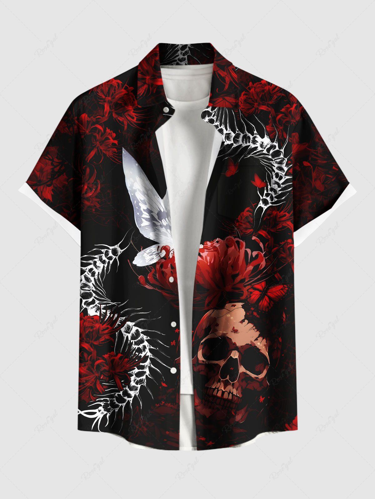 Chemise grande taille à boutons et poches pour homme, motif tête de mort, fleurs, papillons et mille-pattes Noir 6XL