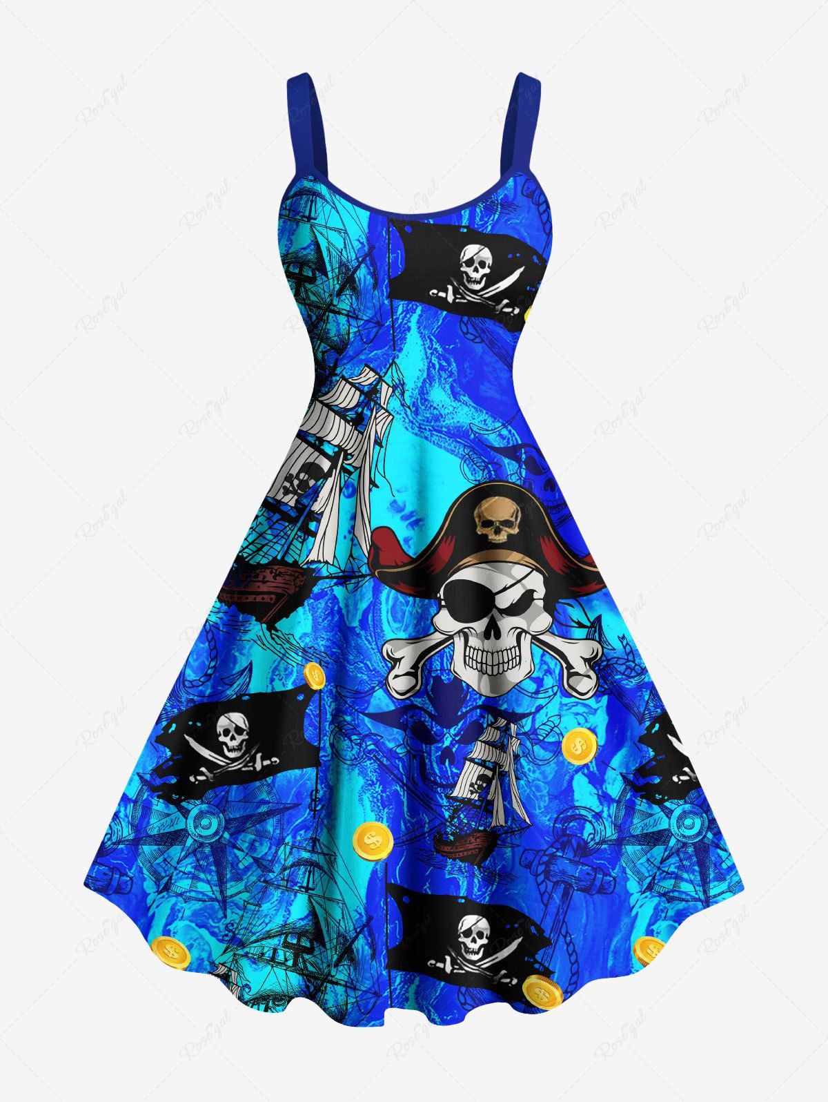 Outfit Plus Size Halloween Skull Pirate Ship Rudder Cruise Print Tank Dress  