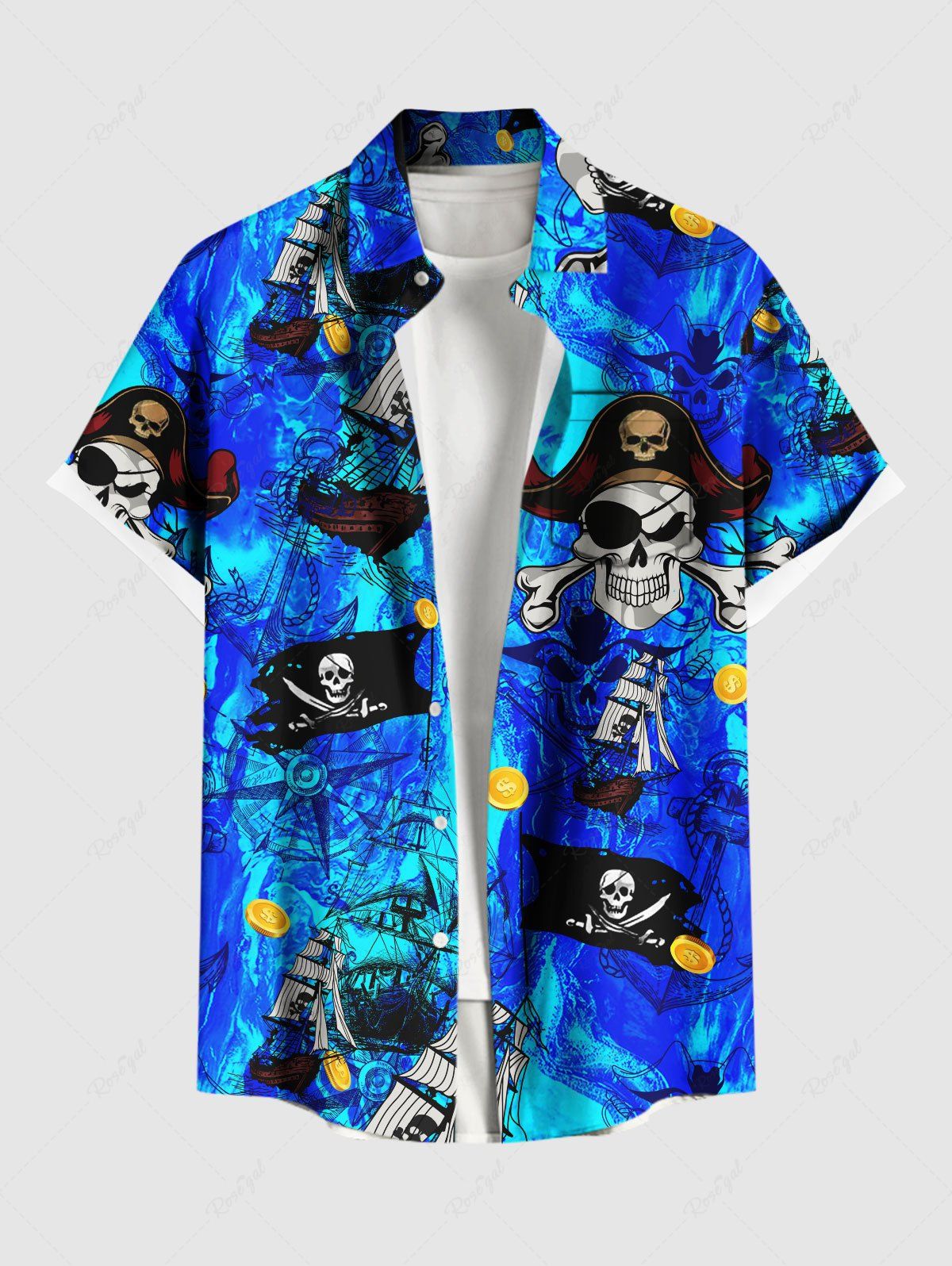 Chemise grande taille à boutons et poches pour homme, motif tête de mort, bateau pirate, gouvernail, croisière, Halloween Bleu Ciel XL