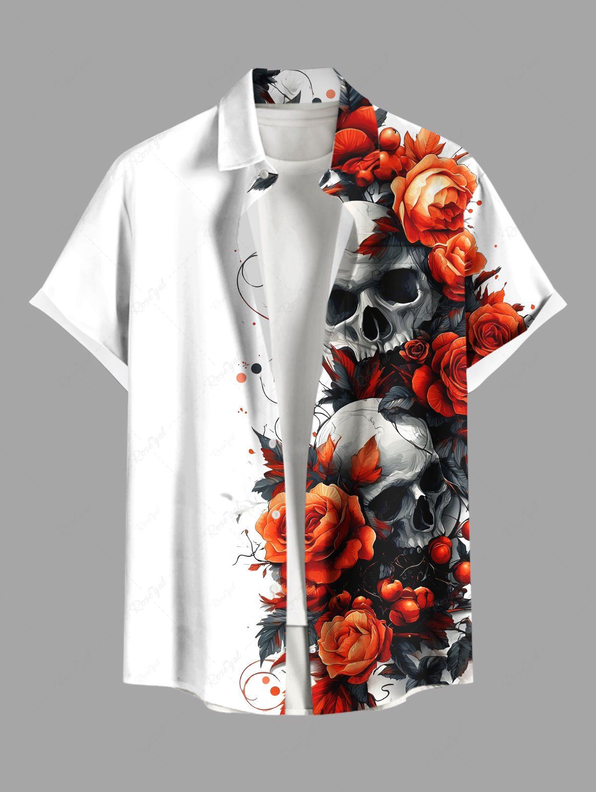 Chemise grande taille à boutons et poches pour homme, motif tête de mort, roses et fleurs, pour Halloween Blanc 4XL