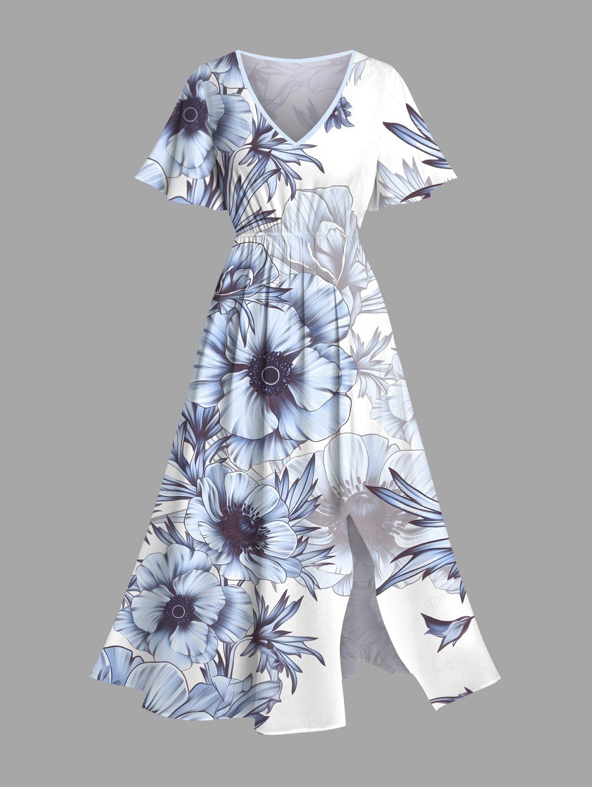 Robe mi-longue hawaïenne fendue à imprimé fleurs et feuilles grande taille Blanc XXS