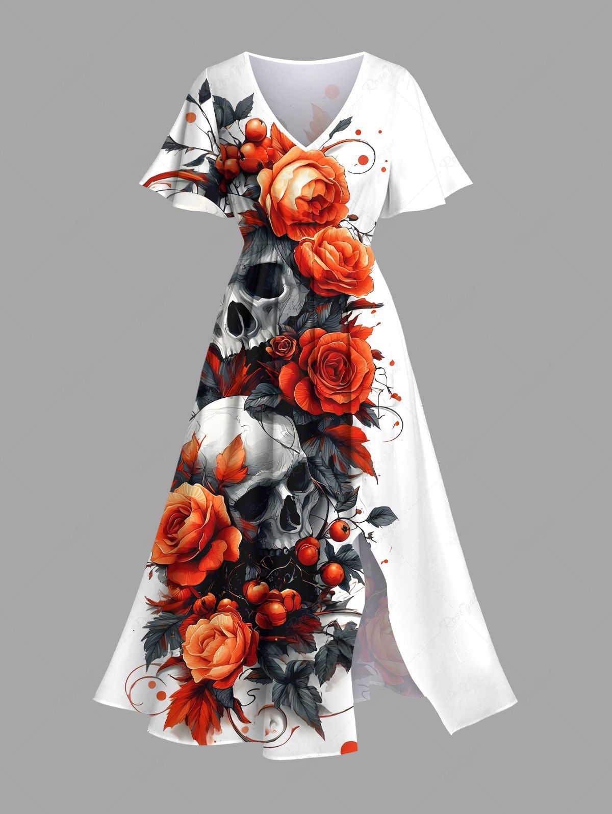Trendy Plus Size Halloween Skulls Rose Flowers Print Split Midi Dress  